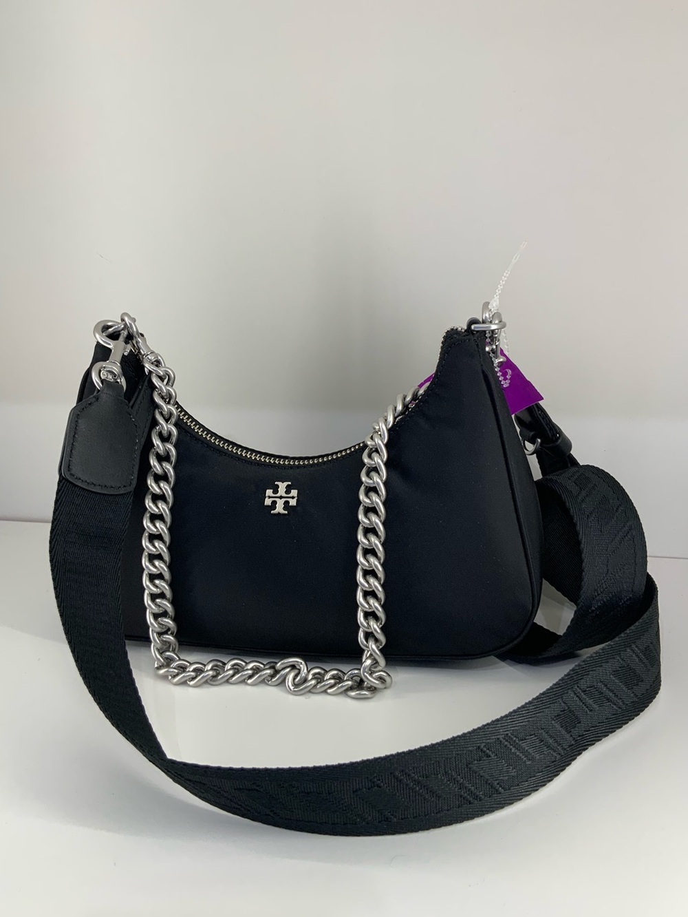 Pre Owned Tory Burch 151 Small Mercer Crescent w 2 straps Nylon Cross Body.